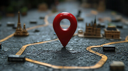 Fototapeta premium Red location pin on a detailed miniature city map. Illustrates travel, navigation, or destination concepts.