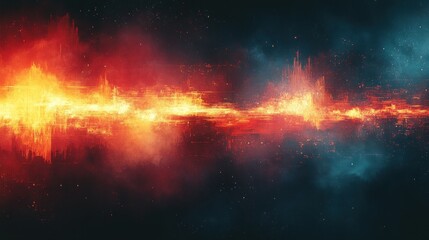 Naklejka premium Abstract fiery soundwave in space with cosmic particles and smoky background