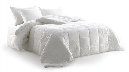 A close-up of a fresh, clean bed with soft pillows and a fluffy comforter, on a white isolated background