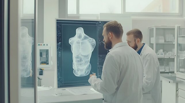 Medical professionals discussing 3D anatomy model in a modern lab