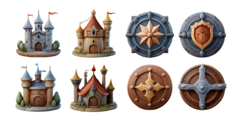 Colorful Cartoon Castles and Shields Illustration, PNG collection, set bundle, isolate on transparent or white background