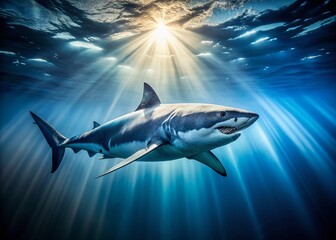 Fototapeta premium Majestic Great White Shark in the Vast Open Ocean: Underwater Wildlife Photography