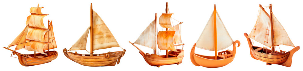 Miniature Wooden Sailboats Collection: Handcrafted Vintage Ships with White Sails - Perfect for Nautical Decor, Model Enthusiasts, and Maritime-Themed Art Projects.