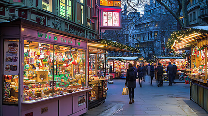Fototapeta premium Enchanting Christmas market scene at dusk. A woman strolls past charming stalls brimming with festive treats handcrafted goods. Warm lighting creates a magical atmosphere.