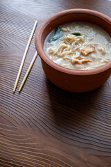 shoyu ramen in traditional bowl close up