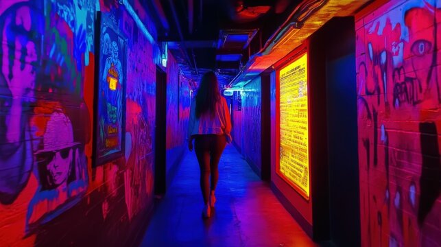 Woman walks through vibrant neon hallway of art installation