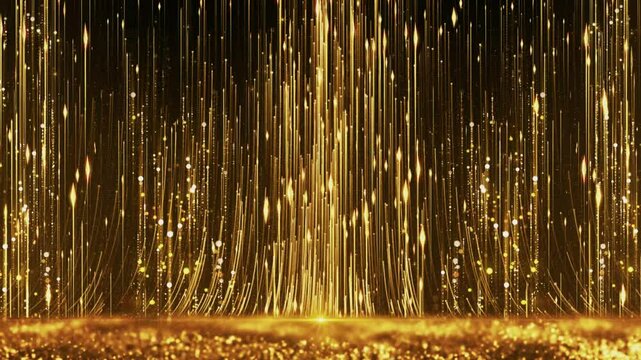 Beautiful elegant golden curtain particles rising and shining bokeh lights floating. for awards ceremony, party celebrations. particles wave stage screen background. motion design. Loopable LED.4K