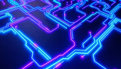 Obraz premium A digital circuit board-inspired design with glowing blue and neon purple lines forming intricate, maze-like pathways on a black, textured surface