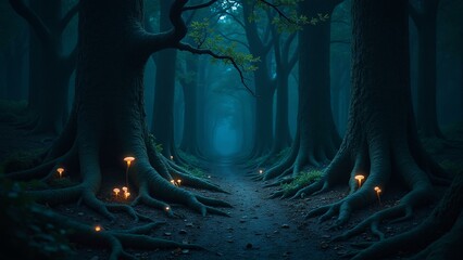 Fototapeta premium bioluminescent fungi gnarled roots ancient trees