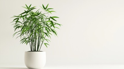 A close-up of a stylish bamboo plant in a small ceramic pot on a white isolated background