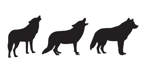 Wolf silhouette set. Dangerous wild animals wolf silhouettes. Wolf full body silhouette collection. Wild wolves standing in different positions. Vector Collection.