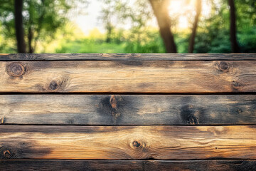 Fototapeta premium Wooden table with a view of trees and a bright sun. The table is empty and has a natural, rustic feel to it