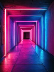 Fototapeta premium Vibrant neon lights illuminate a modern corridor at night
