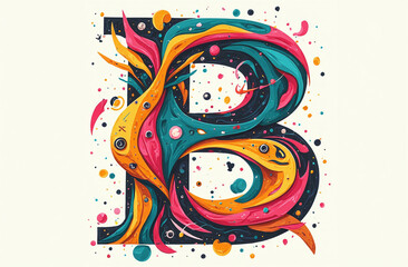 Colorful letter B with swirling orange and blue paint strokes, splashes, on white background. Concept of vibrant energy and creativity