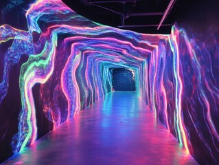 Colorful illuminated tunnel in an art installation space