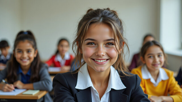A cheerful group of schoolgirls in a classroom, showcasing diversity and camaraderie. - Powered by Adobe