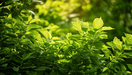 Fototapeta premium Vibrant green foliage bathed in sunlight. Lush, textured leaves create a natural, serene backdrop perfect for nature-themed projects, websites, or print materials.