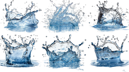 Water splash explosion collection on black, various shapes, design element