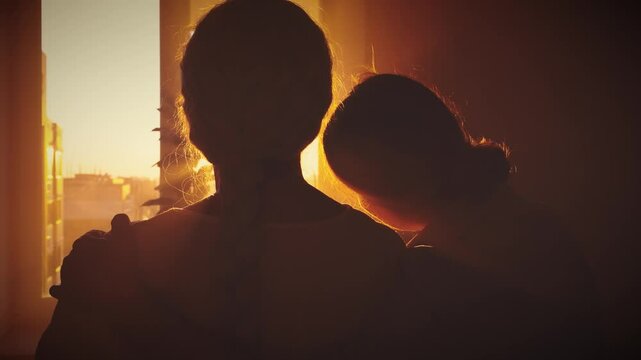 Two person dark silhouette family care love. young woman daughter hugging elderly lady mother old age 60s back view, rests head on shoulder looking at window sun light. Mother's day holiday together.