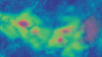 Abstract digital heat map with vibrant gradient hues of blue and green forming irregular amoeba-like shapes in a pixelated, textured appearance. Modern and conceptual thermal scan-inspired design.