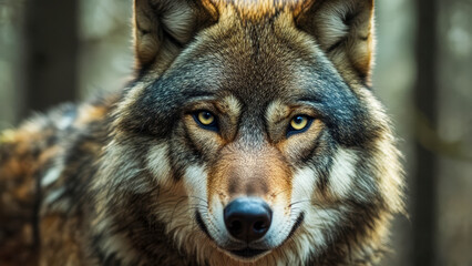 Fototapeta premium Close-up view of a majestic wolf in its natural habitat showcasing striking features and intense gaze against a blurred forest background during daylight