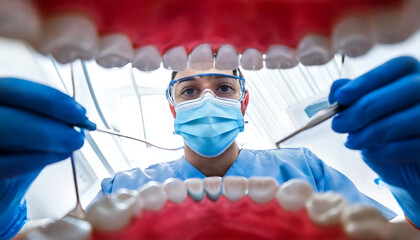 Close-up perspective of a dentist conducting an examination, viewed from within a patient's mouth.  The image showcases professional dental care, emphasizing hygiene and precision.