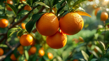 Oranges hanging on lush green orange tree branches during sunny daylight in a vibrant orchard showcasing ripe fruits ready for harvest