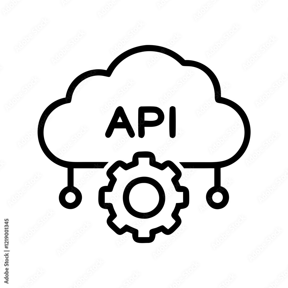 Wall mural black vector icon of api with cloud and gear symbol for technology and software development