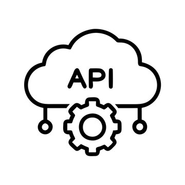 Black vector icon of API with cloud and gear symbol for technology and software development
