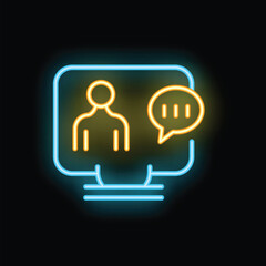 Glowing neon line icon of a person video calling on a computer screen, representing communication technology