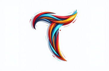 Colorful letter T with swirling orange and blue paint strokes, splashes, on white background. Concept of vibrant energy and creativity