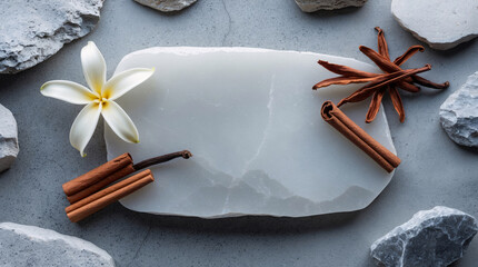 Elegant Spa Advertisement with Grey Marble Vanilla Flower and Cinnamon Roll for Soothing Relaxation and Comfort Beauty Poster Mockup