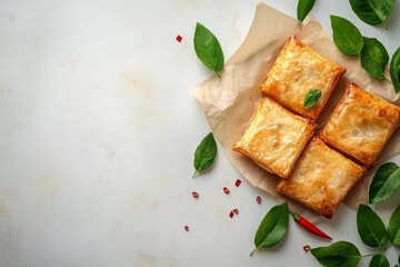 A minimalistic arrangement of golden-brown pastries on parchment paper, surrounded by fresh spinach leaves and red chili flakes