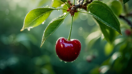 Bright red cherry hangs delicately from a lush green branch early in the morning, illuminated by soft sunlight filtering through leaves, showcasing dew droplets sparkling on its surface