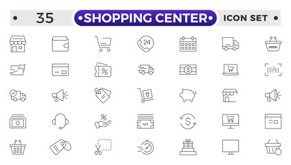 Shopping center outline icon. E-Commerce line icon set. e-commerce, mobile shop, digital marketing, business, sale, delivery and others. online payment price product promotion purchase quality right.