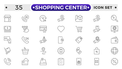Shopping center outline icon. E-Commerce line icon set. e-commerce, mobile shop, digital marketing, business, sale, delivery and others. online payment price product promotion purchase quality right.
