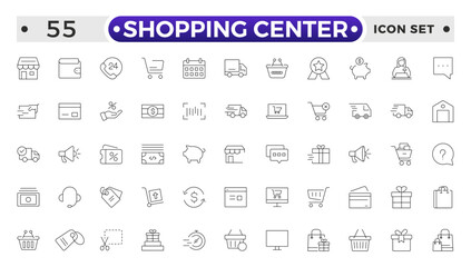 Shopping center outline icon. E-Commerce line icon set. e-commerce, mobile shop, digital marketing, business, sale, delivery and others. online payment price product promotion purchase quality right.