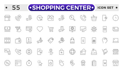 Shopping center outline icon. E-Commerce line icon set. e-commerce, mobile shop, digital marketing, business, sale, delivery and others. online payment price product promotion purchase quality right.