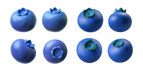 Vibrant Blue Fruit Shapes with Floral Accents, PNG collection, set bundle, isolate on transparent or white background
