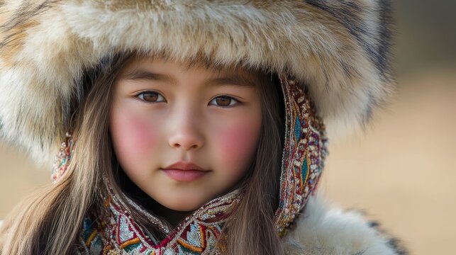 A portrait of a girl wearing a traditional fur hat in celebration of the Mongolian lunar new year Tsagaan Sar. Girl in traditional dress for the Mongolian "White Moon".