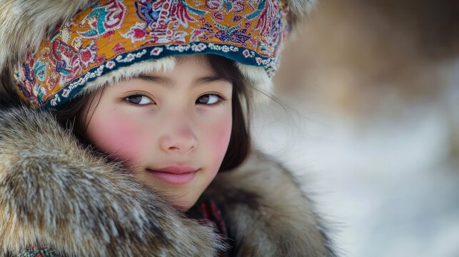 A portrait of a girl wearing a traditional fur hat in celebration of the Mongolian lunar new year Tsagaan Sar. Girl in traditional dress for the Mongolian "White Moon".