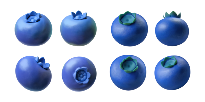 Vibrant Blue Fruit Shapes with Floral Accents, PNG collection, set bundle, isolate on transparent or white background