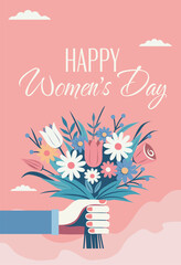 Festive card International Women's Day, Women's Month. Beautiful delicate bouquet of spring wild flowers in hand. Vector flat illustration on a delicate pink background