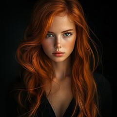 Fototapeta premium Young woman with striking red hair and green eyes in portrait