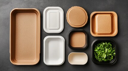 Sustainable packaging materials, biodegradable, compostable solutions replacing plastic in food and consumer goods industries, showing eco-conscious product designs