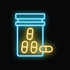 Neon sign of an open pill bottle with pills falling in, set on a black background