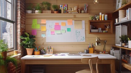 A creative workspace with sticky notes on the wall, a whiteboard, and design tools.
