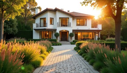 Fototapeta premium Charming Two-Story Villa Surrounded by Lush Gardens and Bathed in Warm Sunset Light