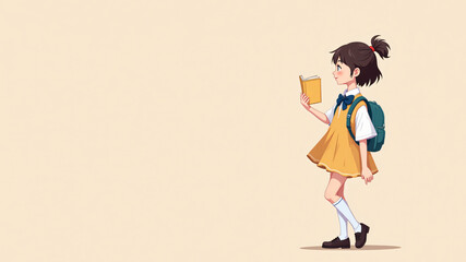 A cheerful girl in a bright yellow dress holding a book, symbolizing joy and learning.