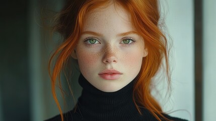 Fototapeta premium Young woman with striking red hair and freckles poses indoors